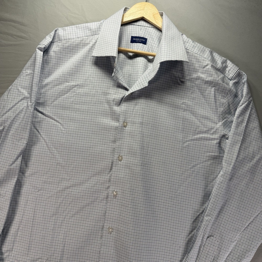Proper Cloth Button Up Shirt Mens 17.5 Blue Check Long Sleeve Non Iron Dress